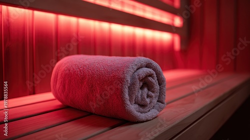 Stunning photo of rolled-up towel sits on the wooden bench of an empty infrared sauna, bathed in the warm glow of red light therapy, inviting relaxation and rejuvenation.