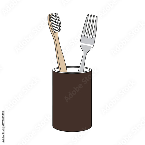 A toothbrush and fork placed inside a cylindrical holder