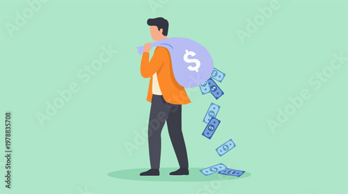 Illustration of man losing money from a leaking bag, financial waste concept