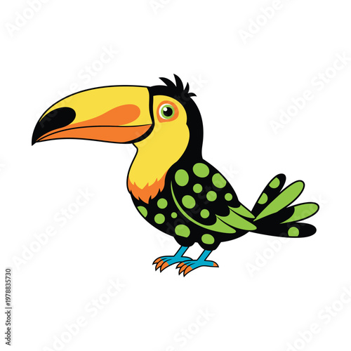 Colorful cartoon toucan standing on one leg with vibrant beak and patterned feathers