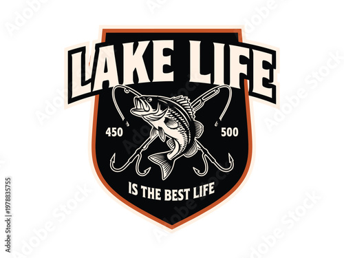 Shield emblem features a bass fish and fishing rods for a lake life inspired logo.