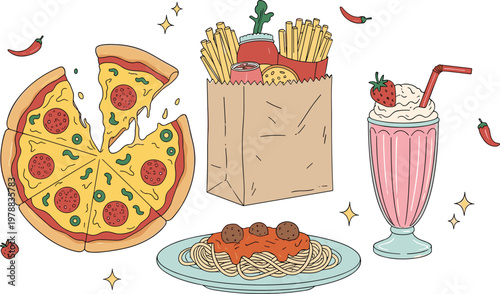 Italian fast food vector set with pizza pasta fries and strawberry milkshake hand drawn illustration collection design