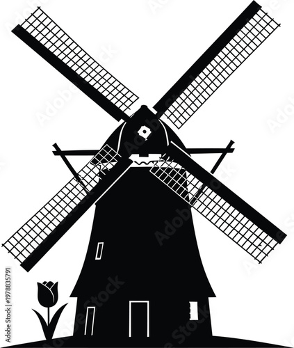 Traditional windmill standing beside a tulip in a pastoral scene isolated on white background, Vector