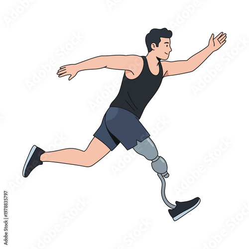 Athlete with prosthetic leg running mid-stride in athletic gear