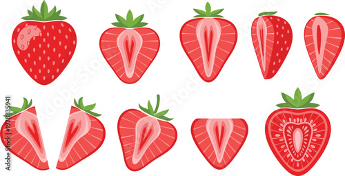 Strawberry fruit vector set with whole and sliced pieces fresh juicy red berry illustration collection isolated design