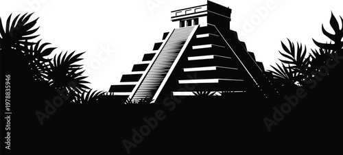 The majestic pyramid of chichen itza framed by tropical foliage in striking silhouette isolated on white background, Vector