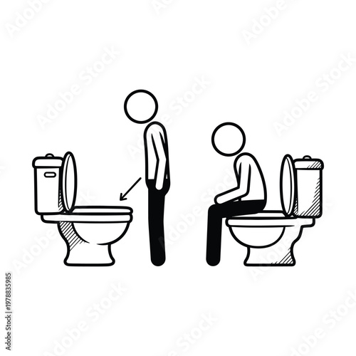 Illustration showing two ways of using a toilet with different postures