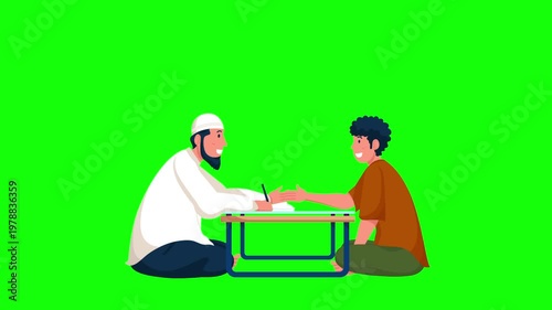 Two Men in Islamic Attire Sharing Zakat at Table, Charity and Giving Concept on Green Screen Background