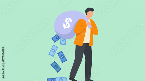 Financial loss concept with man losing money from a bag