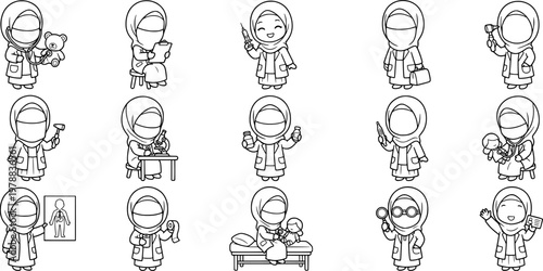Cute Muslim female doctor character set showing medical activities and healthcare roles. Simple outline illustration ideal for children education, medical content, icons, and healthcare designs.