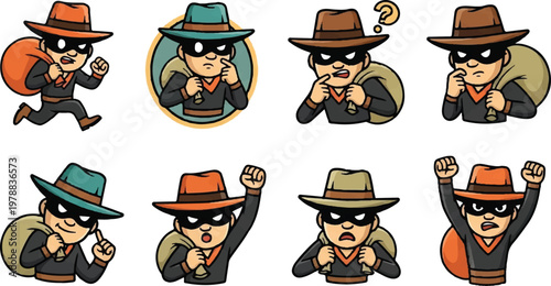 Cartoon robber characters in various poses and emotions