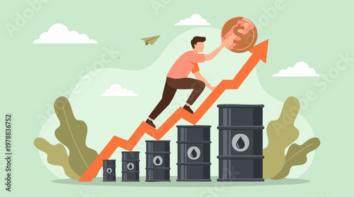 Man climbing upward arrow representing rising oil prices and financial growth