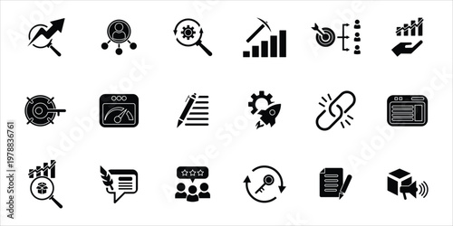 seo icon set. market research, website, keywords, content, affiliate and more. simple solid vector