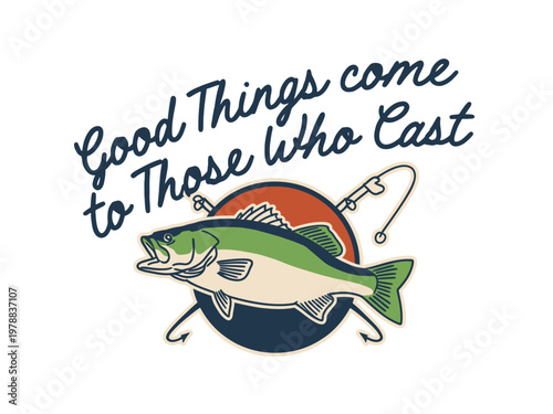 Bass illustration features two fishing rods crossed behind a circular emblem art.