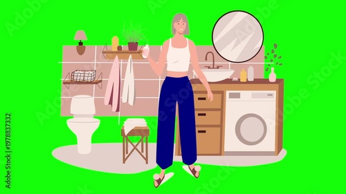 Woman Standing in Modern Bathroom with Washing Machine and Vanity, Clean Home Interior, Daily Lifestyle and Hygiene Routine Scene