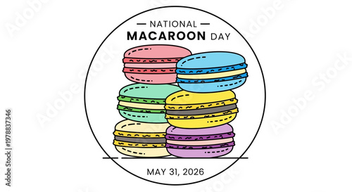 National Macaroon Day celebration badge with colorful stacked macarons isolated on background