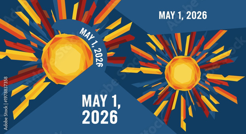 Geometric sunburst with May 1 2026 date text celebration design isolated on background