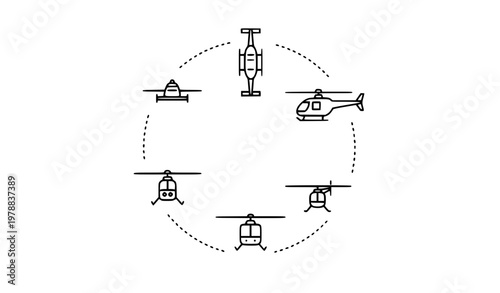 Helicopter icon set vector with multiple views aviation minimal flat design illustration