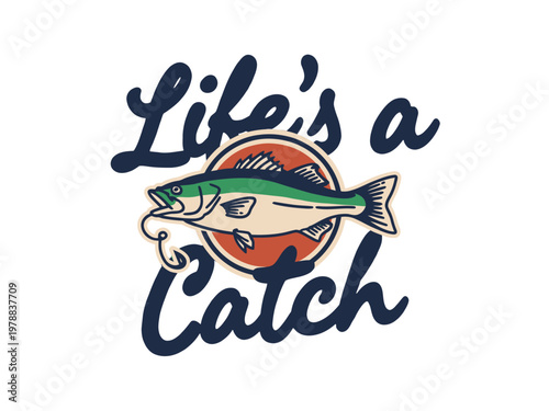 Fish illustration appears centered inside a circular badge with cursive lettering.