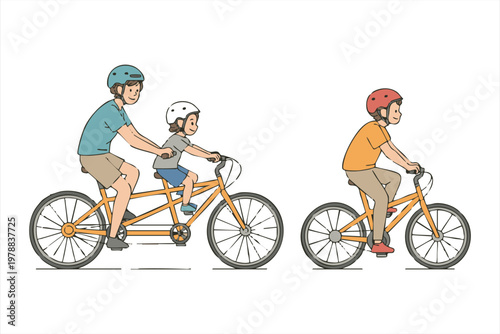 Father and daughter riding a tandem bicycle and a boy on bike vector cartoon illustration