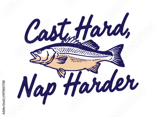 Bass fish illustration sits centrally with bold text above and below the graphic.