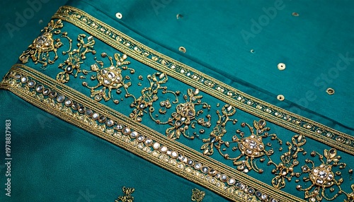 Close-up of a teal fabric with intricate gold embroidery and sequins.