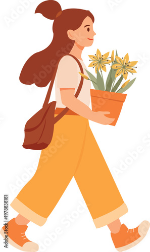 A flat vector illustration of a young woman walking while carrying a potted flowering plant, wearing casual clothes and a shoulder bag.