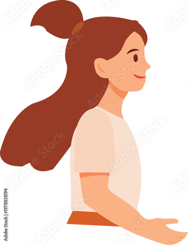A flat vector illustration of a smiling young woman in side profile with long hair and casual clothing