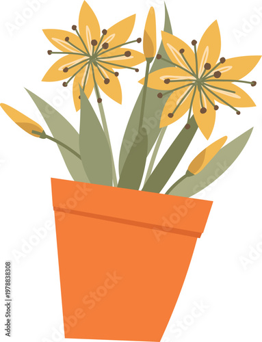 A flat vector illustration of a potted plant with yellow flowers and green leaves in a simple orange pot.