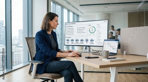 Woman working on a computer displaying a compliance dashboard with ISO certifications