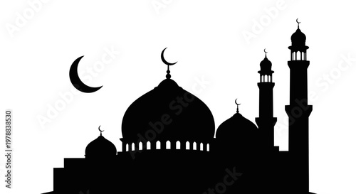EID -UL ADHA Mosque silhouette, Islamic architecture, crescent moon, black vector icon, religious building vector
