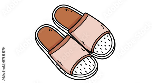 A colorful cartoon illustration depicts a pair of pink and brown slide sandals top down view