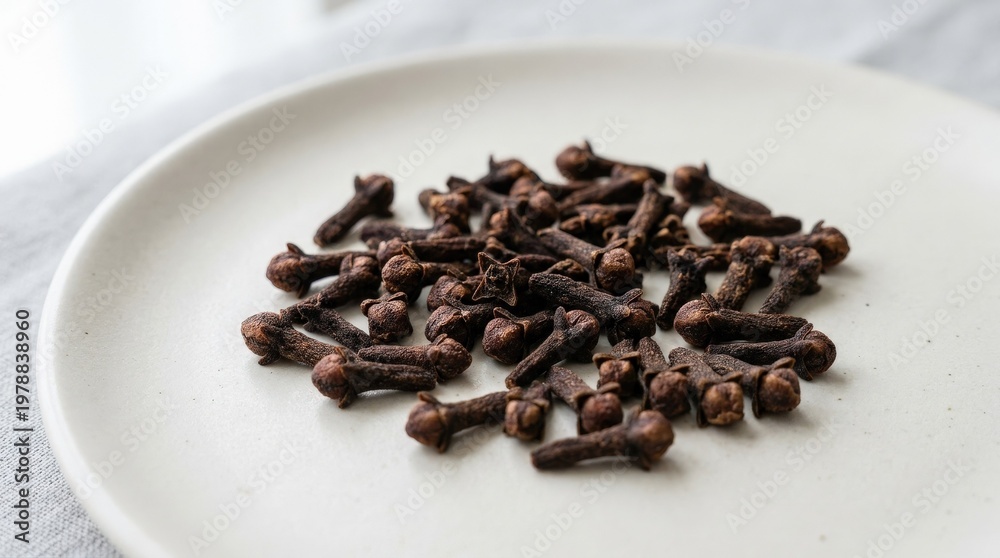 Obraz premium Pile of dried whole cloves scattered on a simple white plate, ready for cooking
