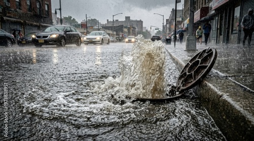 Obraz na plátně Stormwater gushing forcefully from a large cast iron storm sewer drain opening i