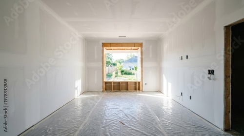 Foto A freshly drywalled residential interior room with smooth plasterboard walls and