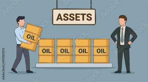Oil barrels as assets managed by businessmen, depicting energy resources