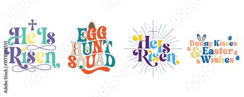 Colorful easter typography art 'he is risen' and 'he is not here' calligraphy designs