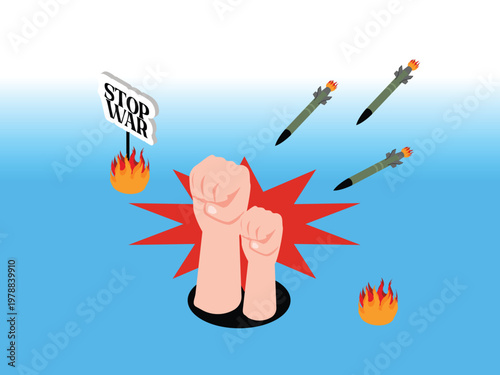 Anti-War Protest with Raised Fists, Missiles, and Stop War Sign 3d isometric vector illustration