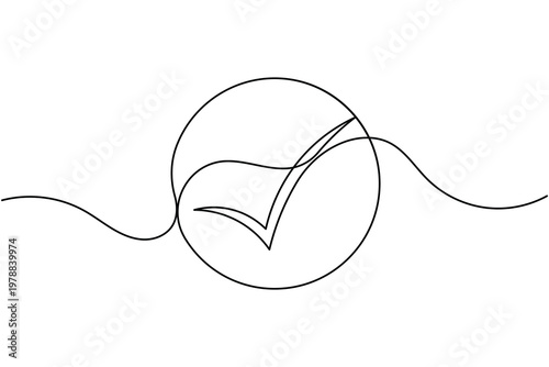 Approval checkmark sign in circle icon continuous one line art single drawing on white background minimal modern tick symbol outline vector illustration
