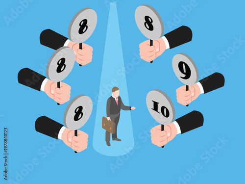 Businessman in Spotlight with Performance Evaluation Score Paddles 3d isometric vector illustration