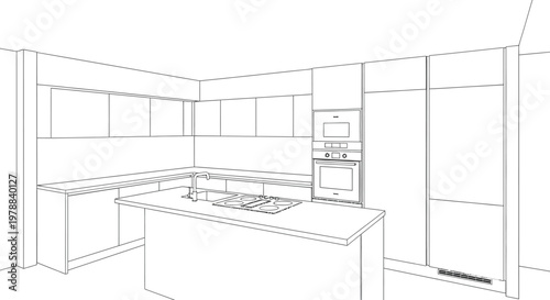 A minimalist kitchen design rendered as a black and white line drawing showcasing modern cabinetry and appliances