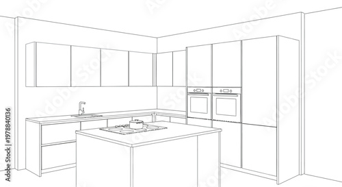 A minimalist kitchen design featuring white cabinetry a central island and modern appliances rendered in a line drawing