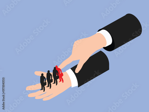 Businessman Selecting Specific Red Figure from Row of Black People Icons in Palm 3d isometric vector illustration