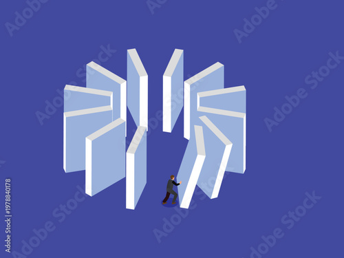 Businessman Stopping Domino Effect in Circular Chain Reaction 3d isometric vector illustration
