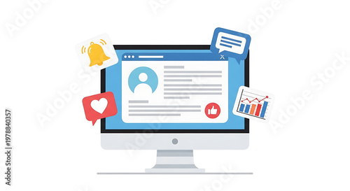 A computer monitor displays a profile page with various icons and graphics around it