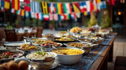 Stunning photo of delicious food from around the world served buffet style on a table outdoors with international flags hanging in the background.