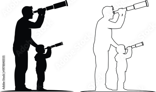 Adult and child using telescopes looking at sky together