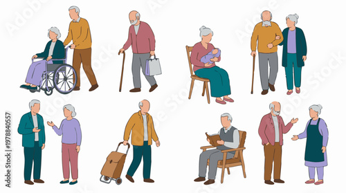 Diverse illustrations of elderly people in various daily life situations