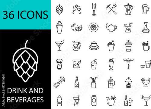 Set of 36 drink and beverage icons featuring minimalist designs including beer wine cocktails coffee and more in a clean modern style with a black and white color scheme perfect