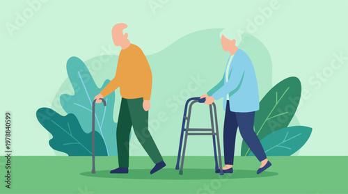 Senior couple walking with assistive devices for mobility and independence